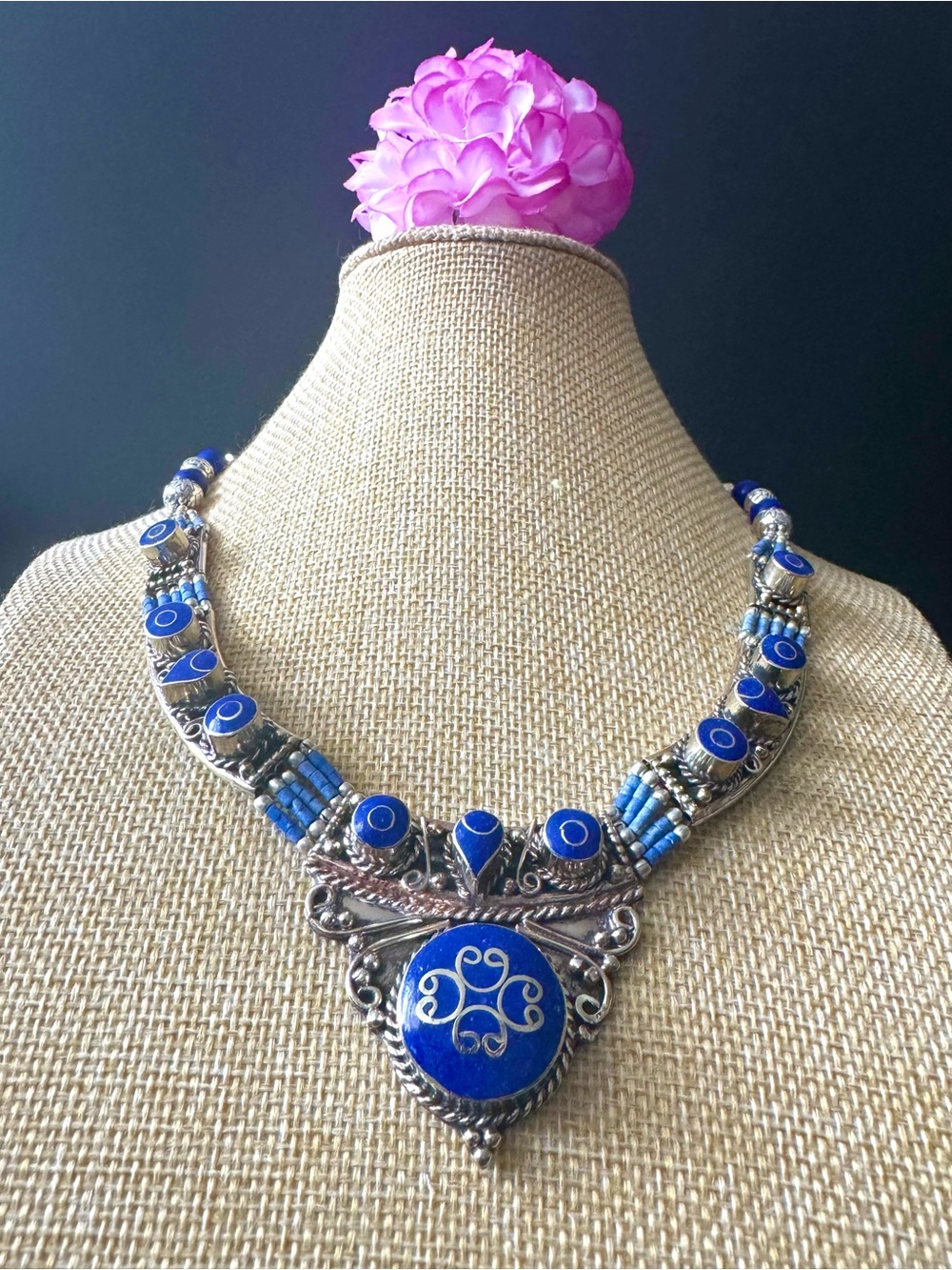Handcrafted Ethnic Indo/Tibet Tribal Theme Artisan Necklace Inlay Stone & Silver